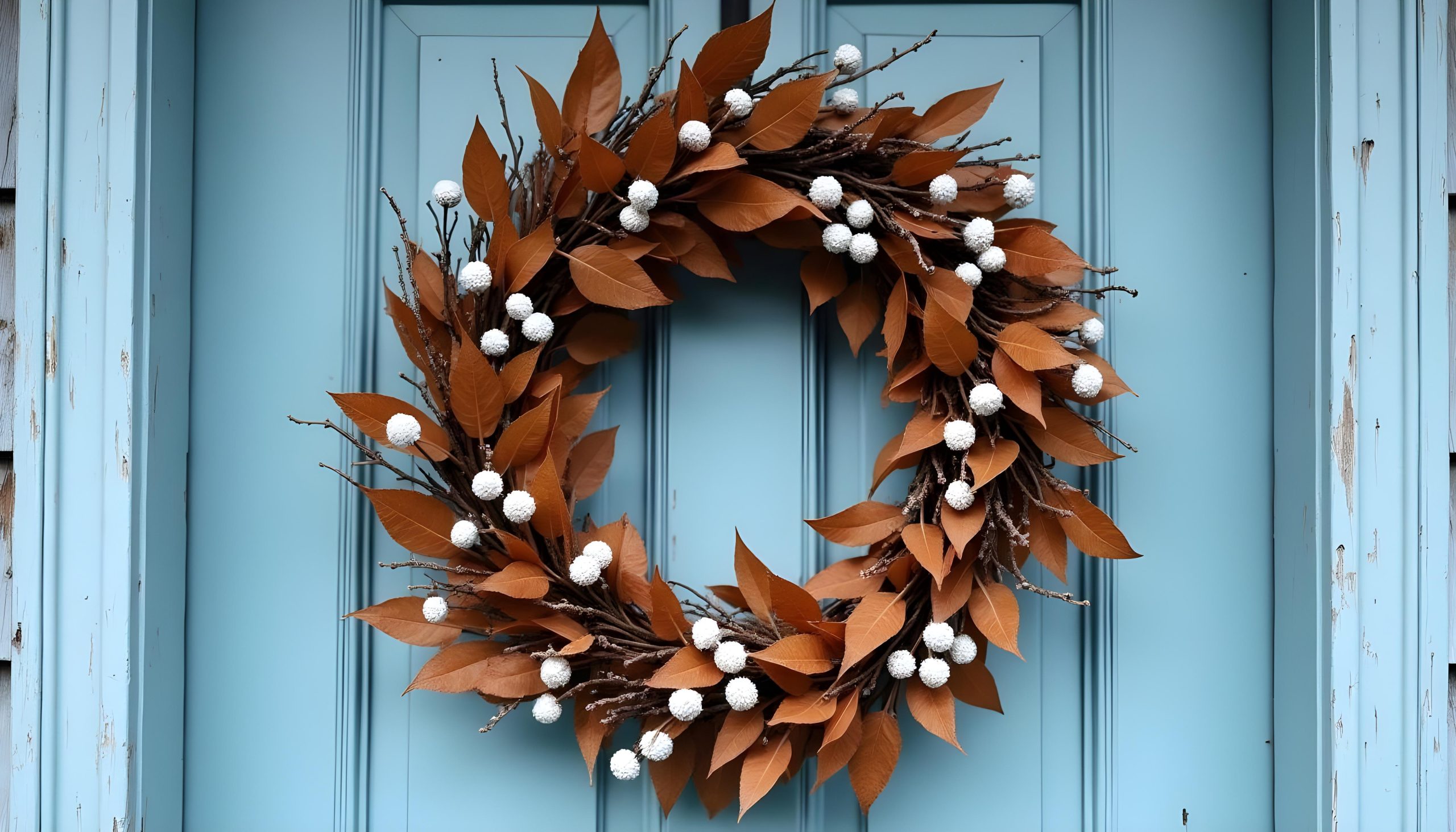 A fall wreath with brown leaves, white berries and twigs hanging on a light blue door.
